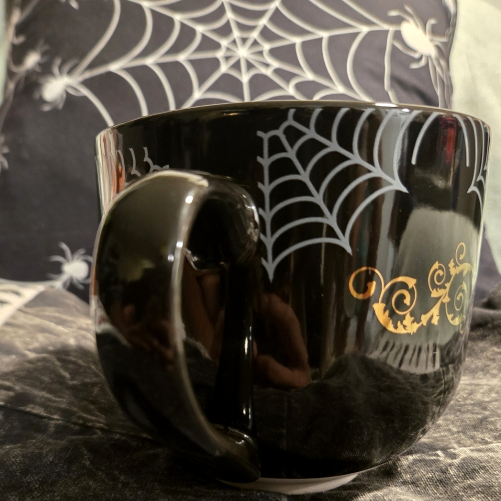 XL Black Spiderweb & Gold Spider Ceramic Mug – 4.5" Wide